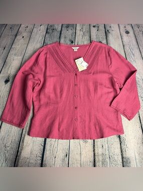 Christopher & Banks NWT Dusty Rose Pink Linen V-Neck Button-Front Blouse Size XL